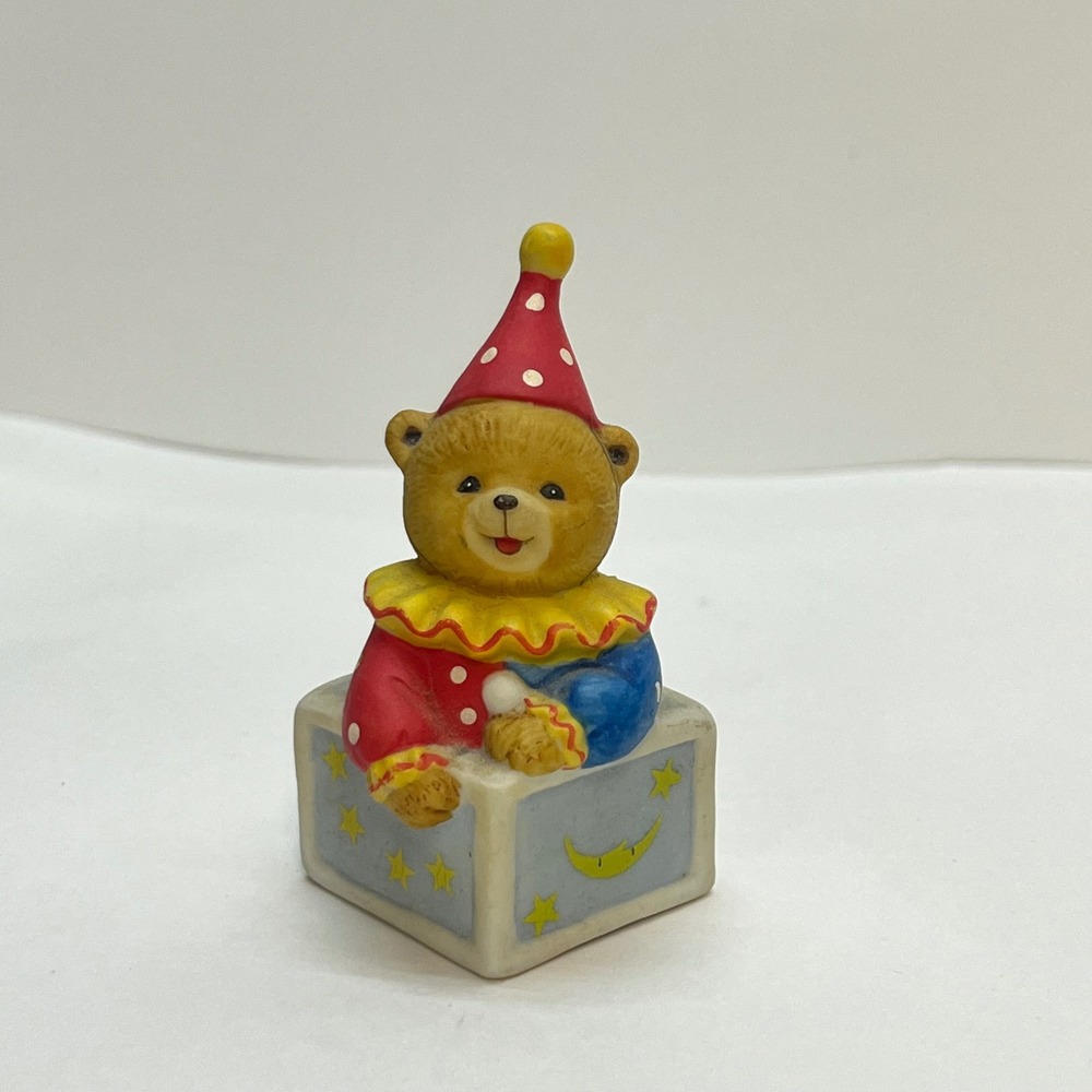 Vintage Genuine Porcelain Bisque Teddy Bear Clown Jack-in-the-Box Figurine 2.75"